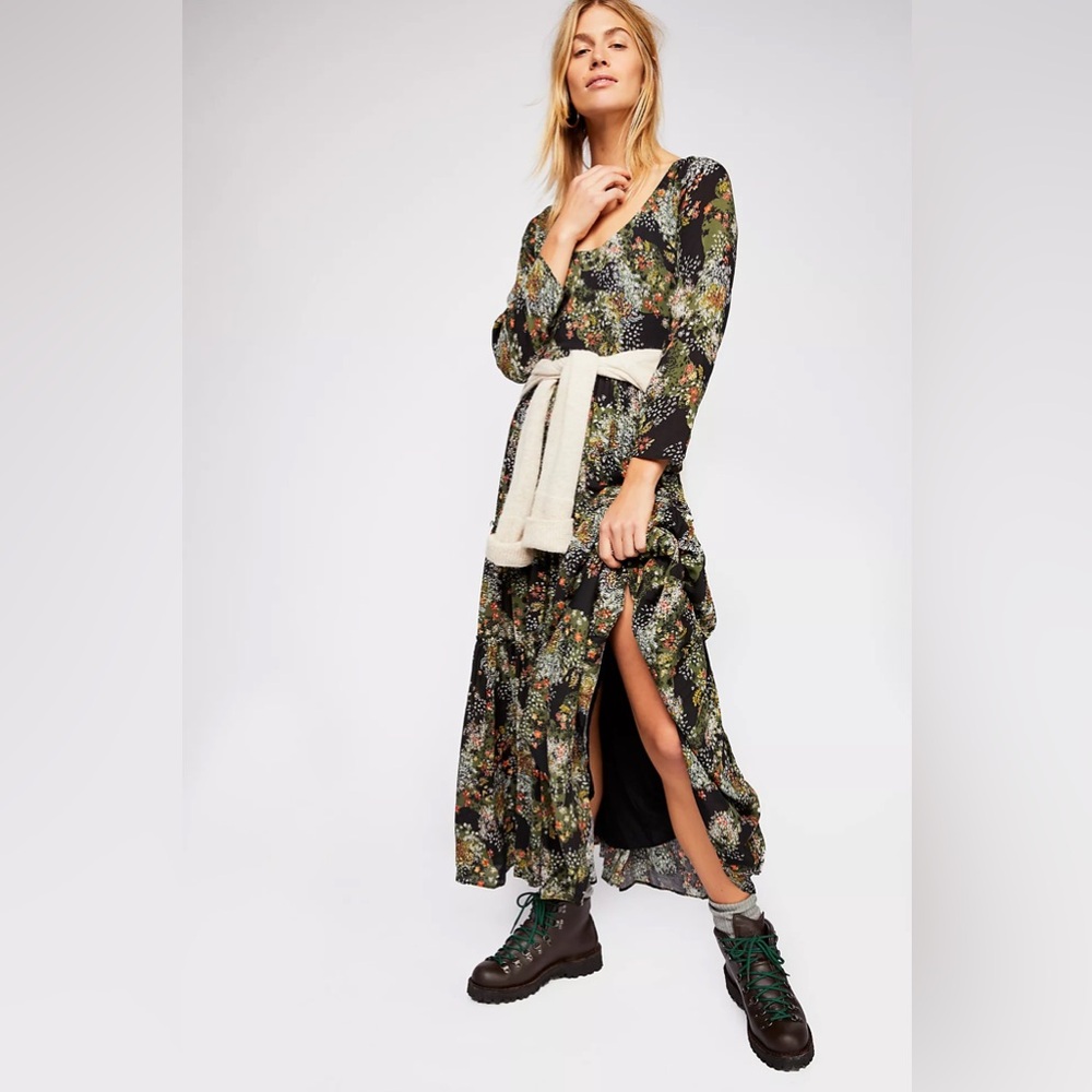 NWOT Free People “Fall in Love” Black Boho Floral Maxi Dress size M